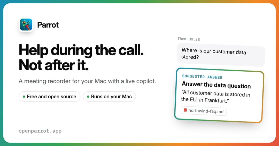 The image shows a screenshot of a Parrot app on a Mac. The app's interface is primarily white with a blue header and a green logo featuring a bird. The app's name, "Parrot," is displayed in a green font at the top left corner. The main text on the screen reads "Help during the call. Not after it." Below this, there are