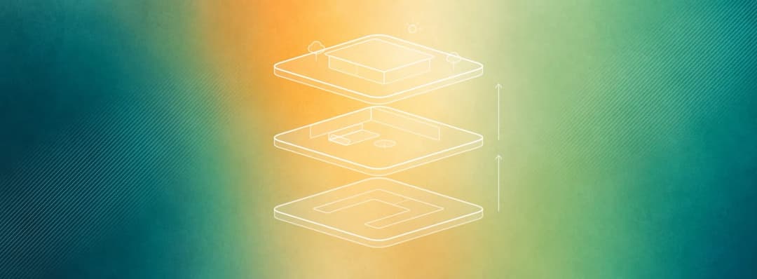 The image presents an isometric view of a three-dimensional structure, likely a building or a house, composed of three stacked rectangular shapes. The top rectangle is a square, the middle rectangle is a rectangle, and the bottom rectangle is a square. The structure is outlined in white against a gradient background th