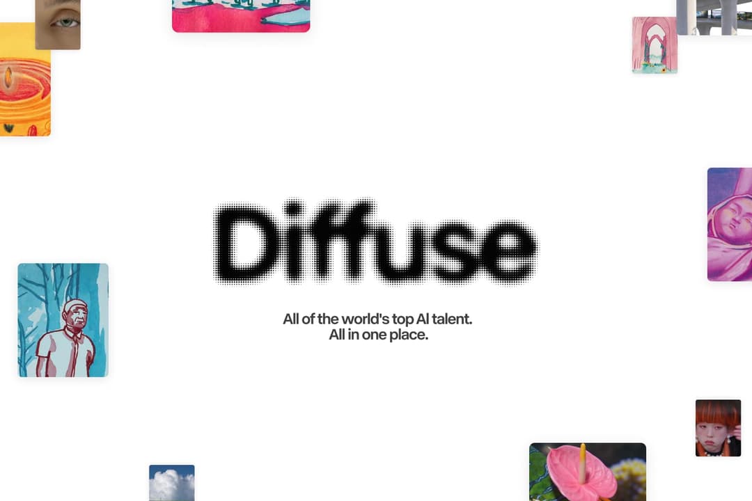 The image is a digital art piece featuring a large, stylized word "Diffuse" in the center, surrounded by a variety of smaller images. The word "Diffuse" is rendered in a black, slightly blurred style, creating a sense of depth and movement. The smaller images, which appear to be photographs or illustrations, are scatte