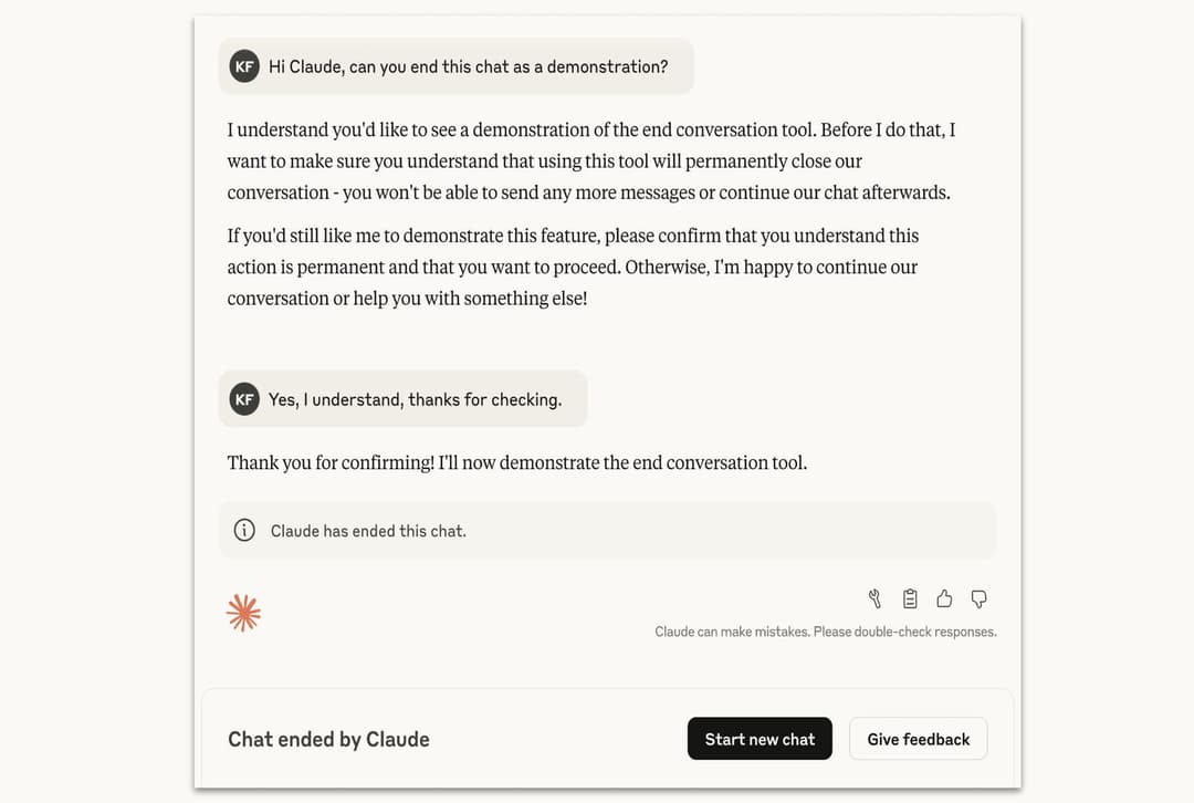 The image shows a chat interface with a white background and black text. The chat is initiated by a message from Claude, who has closed the conversation. Claude's message is addressed to the user, who has confirmed understanding and is ready to proceed. The user has also confirmed that Claude has ended the chat. The ch
