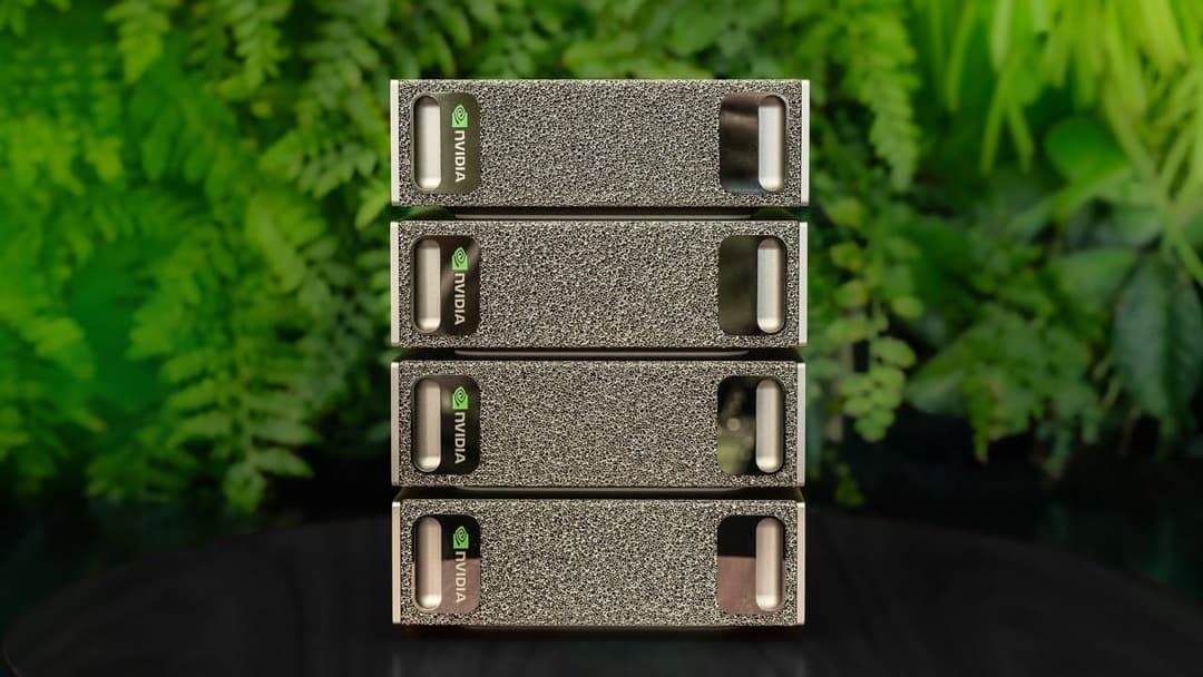 The image shows a stack of four identical gray rectangular objects, each with a silver handle and a small, dark gray or black square on the front. The objects are arranged in a vertical stack, with the top object slightly offset from the bottom. Each object is labeled with the word "NVIDIA" in green text. The objects a