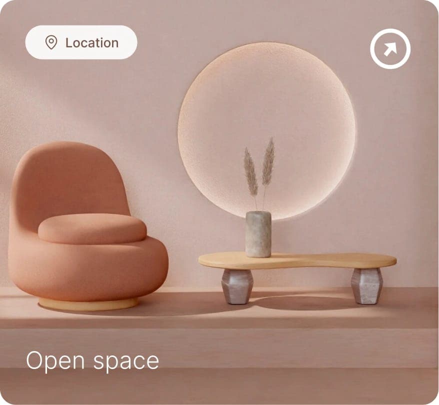 The same interior scene with a white 'Location' pill and map-pin icon at the top left, plus the 'Open space' caption and arrow icon.