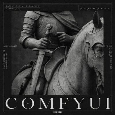 The image is a black and white photograph of a knight on horseback. The knight is wearing a suit of armor and holding a sword in his right hand. The horse is facing towards the right side of the image. The background is dark and indistinct. The text "COMFYUI" is prominently displayed in the bottom center of the image,