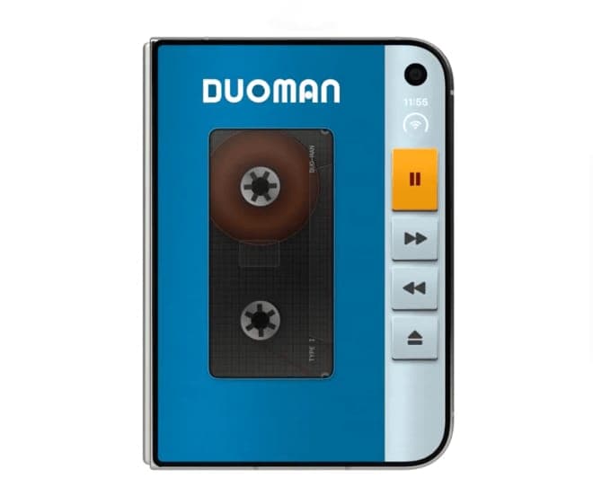 The image shows a blue and white Duoman cassette player. The cassette player has a black cover with a brown cassette tape and a white label that reads "Duoman". The cassette tape is visible inside the cassette player. On the right side of the cassette player, there is a row of buttons, including a yellow button with a