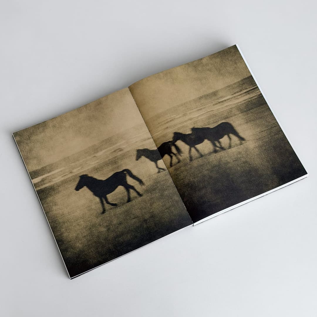 The image shows an open book with two pages spread out on a white surface. The left page features a sepia-toned photograph of three horses running across a sandy beach. The right page displays a similar sepia-toned photograph of three horses running across a sandy beach. The horses are depicted in silhouette, creating