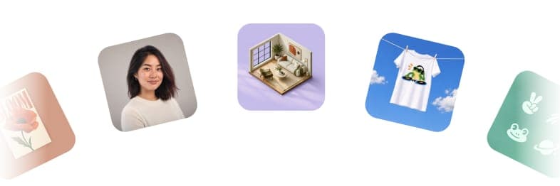 Five rounded-square tiles on a white background: a partially visible floral poster at left, a portrait of a smiling woman, an isometric illustration of a furnished room, a white T-shirt with a colorful frog-like print hanging on a line against a blue sky with clouds, and a partially visible green tile with white icons