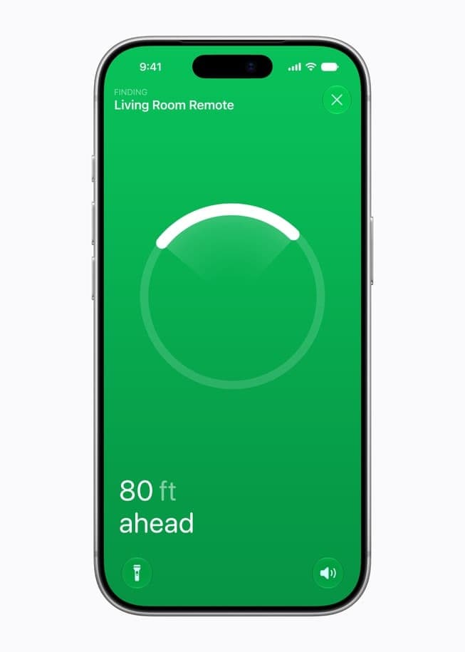 The image shows a smartphone displaying a green screen with a white progress bar. The progress bar is currently at 80 feet ahead. The top of the screen shows the time as 9:41 and the signal strength as 4G/5G. The screen also displays the text "Finding Living Room Remote" and a "X" button, indicating a missing or unavai