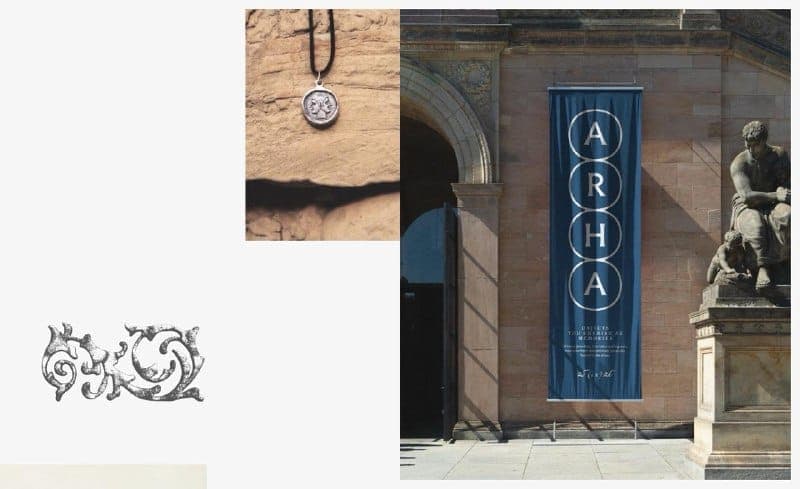 The image is a collage of three distinct elements. In the top left corner, a close-up of a pendant featuring two faces is displayed. In the top right corner, a blue banner with the word "ARHA" in white letters is attached to a stone building with a large archway. The building has a tan or beige stone facade. In the bot