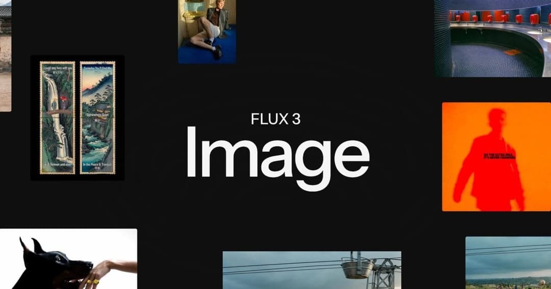 The image is a collage of nine distinct images, arranged in a 3x3 grid against a black background. The central image is a white text box that reads "FLUX 3 Image". The collage includes a variety of images, such as a person sitting on a blue surface, a person in a red suit, a waterfall, a person in a red suit, a person
