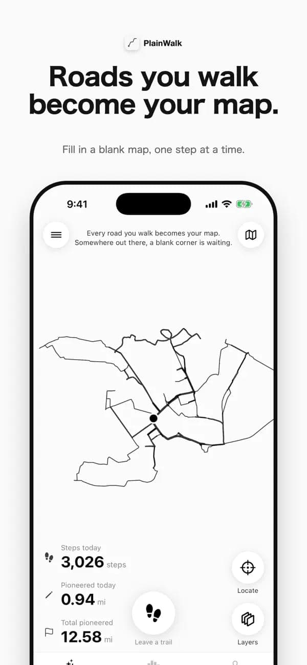 The image shows a smartphone displaying a blank map of a city, with a black border and a white background. The map is filled with black lines, representing roads, and a small black dot in the center, possibly indicating a landmark. The city is shown in a simplified, stylized manner. The phone's screen displays a messag