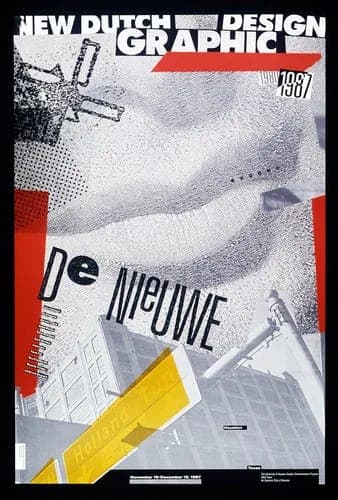 The image is a poster for the "New Dutch Graphic Design" exhibition, held at the "De Nieuwe" gallery in Rotterdam, Netherlands, from November 20 to December 10, 1984. The poster features a striking black and white design with a geometric pattern. The design includes a stylized depiction of a windmill, a street sign, an