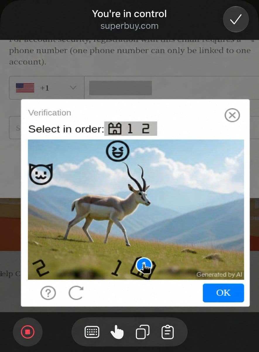 The image shows a screenshot of a mobile phone application interface. The top of the screen displays the text "You're in control" and "superbuy.com". Below this, a search bar is visible, with the text "For account security, registration with this email requires a phone number (one phone number can only be linked to one
