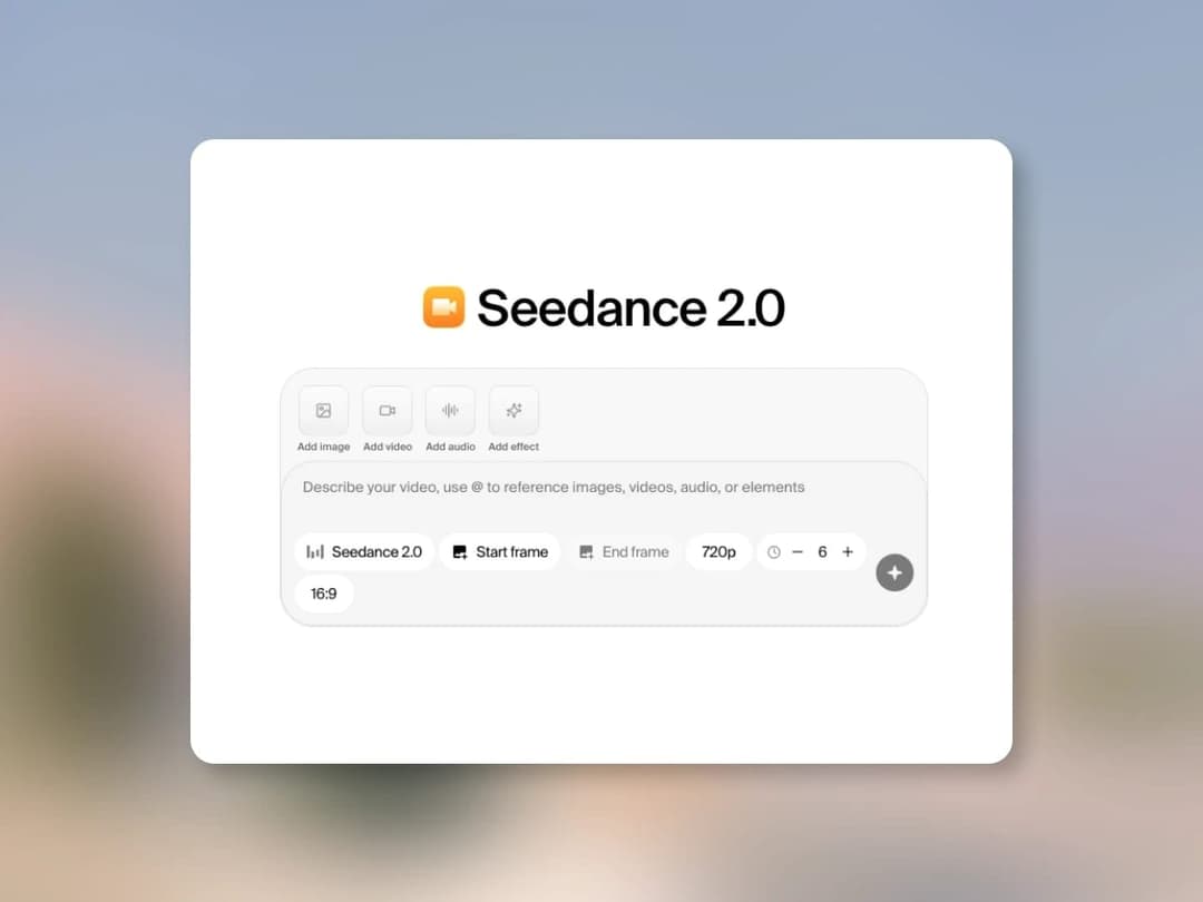 The image presents a screenshot of a video editing interface for the application "Seedance 2.0". The interface is set against a white background and features a light blue sky in the background. The main focus is a button labeled "Add image", followed by a button labeled "Add audio", and finally, a button labeled "Add e