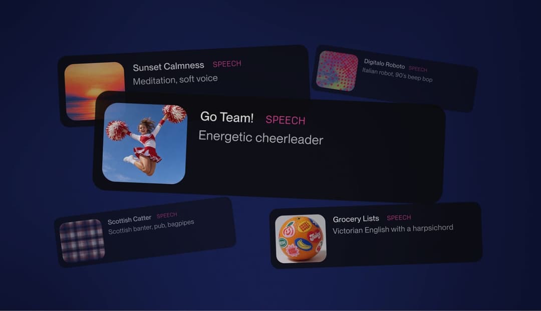 The image shows a collection of six speech bubble icons, each containing a different image and text. The first icon features a sunset over a body of water, with the text "Sunset Calmness" and "Meditation, soft voice". The second icon shows a cheerleader in a red and white outfit, with the text "Go Team! Energetic cheer