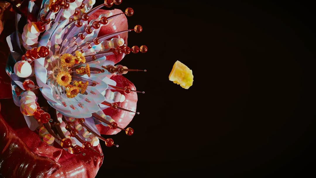 The image shows a vibrant, stylized flower composed of various materials, including red, white, and yellow, against a stark black background. The flower is composed of numerous small, round, red and orange beads, and has a central section with a cluster of orange and yellow flowers. The flower is positioned on the left