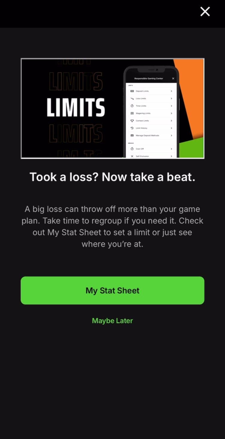 The image is a screenshot of a mobile app interface. The background is black, and the app features a white header with the text "LIMITS" in large, bold, black letters. Below the header, a gray bar displays a list of app features, including "LIMITS", "Responsible Gaming Center", "Deposit Limits", "Wagering Limits", "Tim