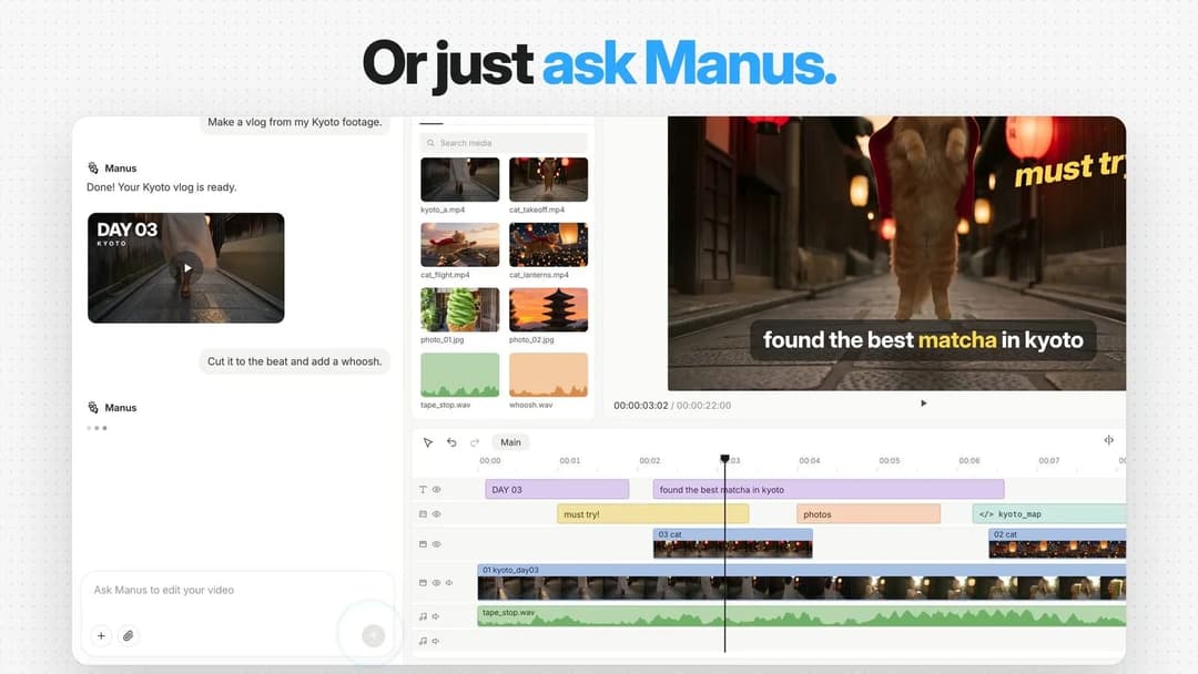 The image shows a video editing interface with a video playing in the background. The video is titled "found the best match in kyoto" and features a cat walking on a path in a Japanese setting. The interface includes a video player displaying the video, a timeline with the title "Day 03", and a chat window where the us