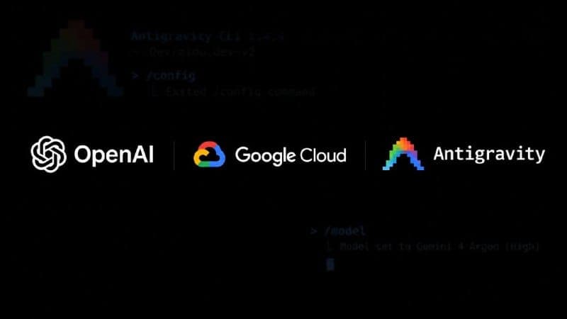 The image presents a black and white logo design against a black background. The logo is a stylized representation of a cloud, with a rainbow-colored cloud design incorporated into its structure. The logo is accompanied by three distinct text elements, each representing a different cloud service provider: OpenAI, Googl