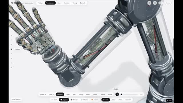 The image presents a 3D rendering of a robotic arm, composed of a metallic gray arm and a metallic gray body. The arm is positioned in a way that suggests it is reaching out, with its fingers extended. The arm is encased within a transparent sleeve, allowing the internal components of the robotic arm to be visible. The