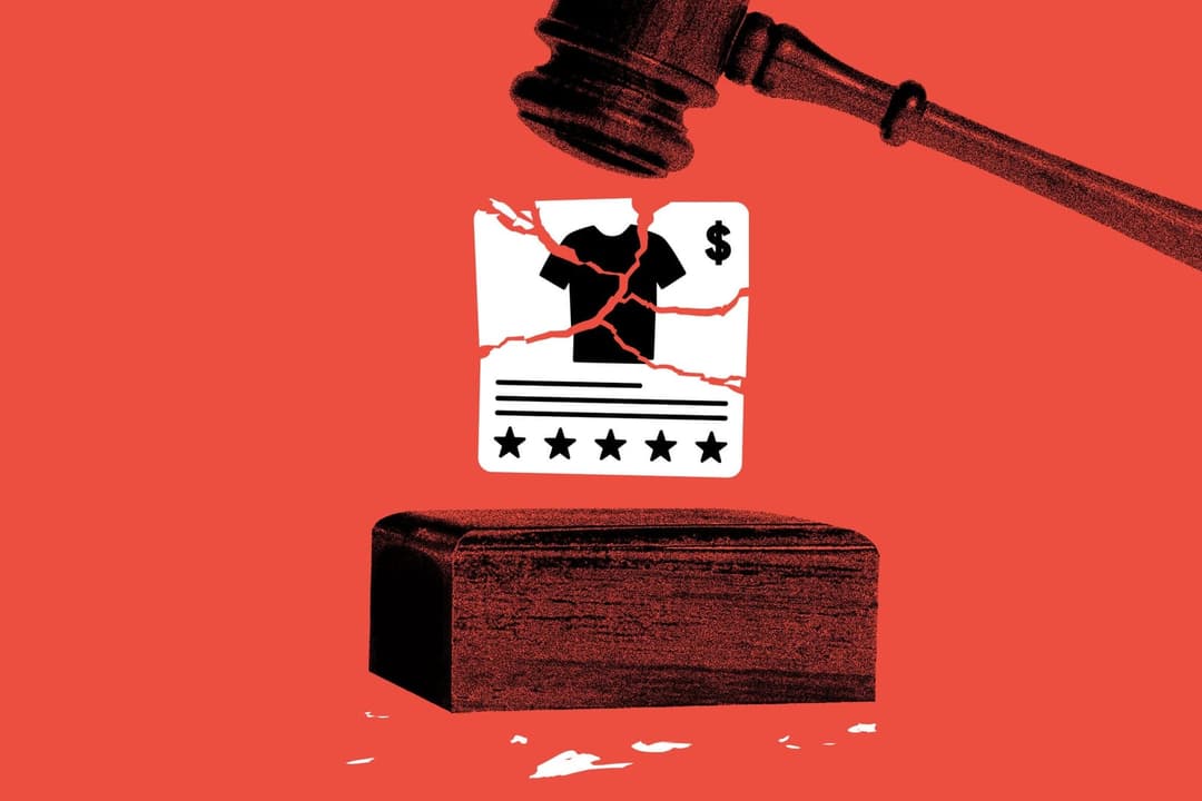 The image depicts a black and white illustration set against a vibrant red background. A wooden gavel is shown in mid-air, poised to strike a white sign with a black t-shirt and dollar sign. The sign is slightly tilted and has a broken or cracked appearance. Below the gavel, a dark brown wooden block is depicted, with