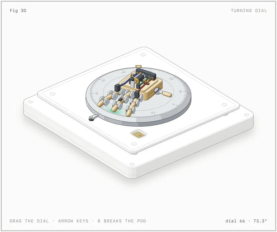 The image presents a 3D rendering of a dial with a circular face and a smaller circular dial at its center. The dial is set against a white background and is tilted slightly to the right. The dial has a light beige or cream-colored base and features a small, dark brown or black component at its center. A small, dark br