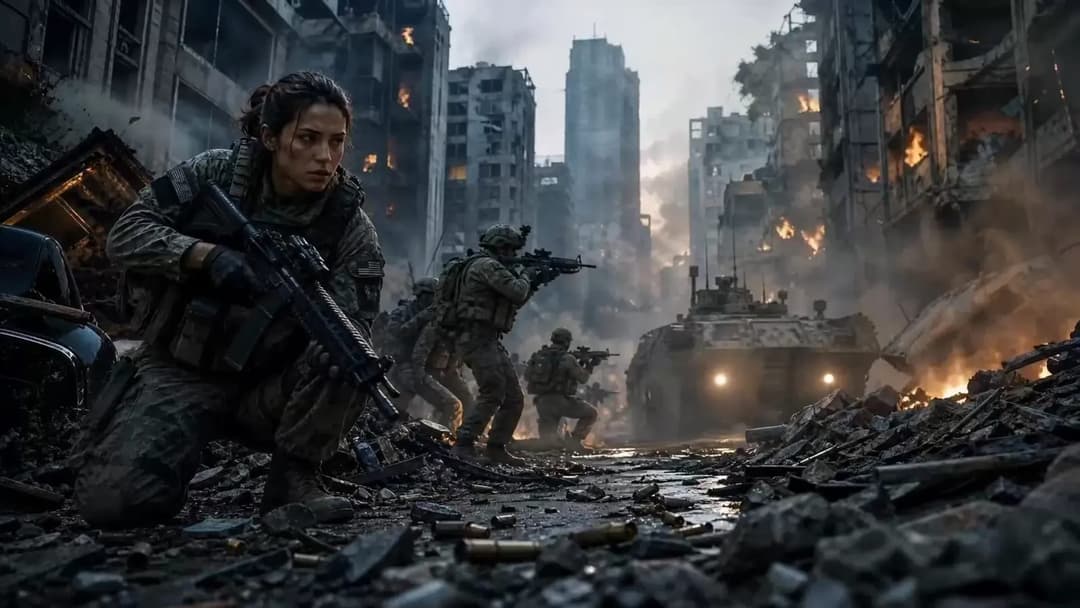 The image depicts a scene of destruction, likely from a war or conflict, set in a city. A woman in a camouflage uniform is crouched on the left side of the frame, holding a rifle. On the right side, a group of soldiers in military gear are engaged in combat, firing their rifles amidst the rubble. The cityscape is fille