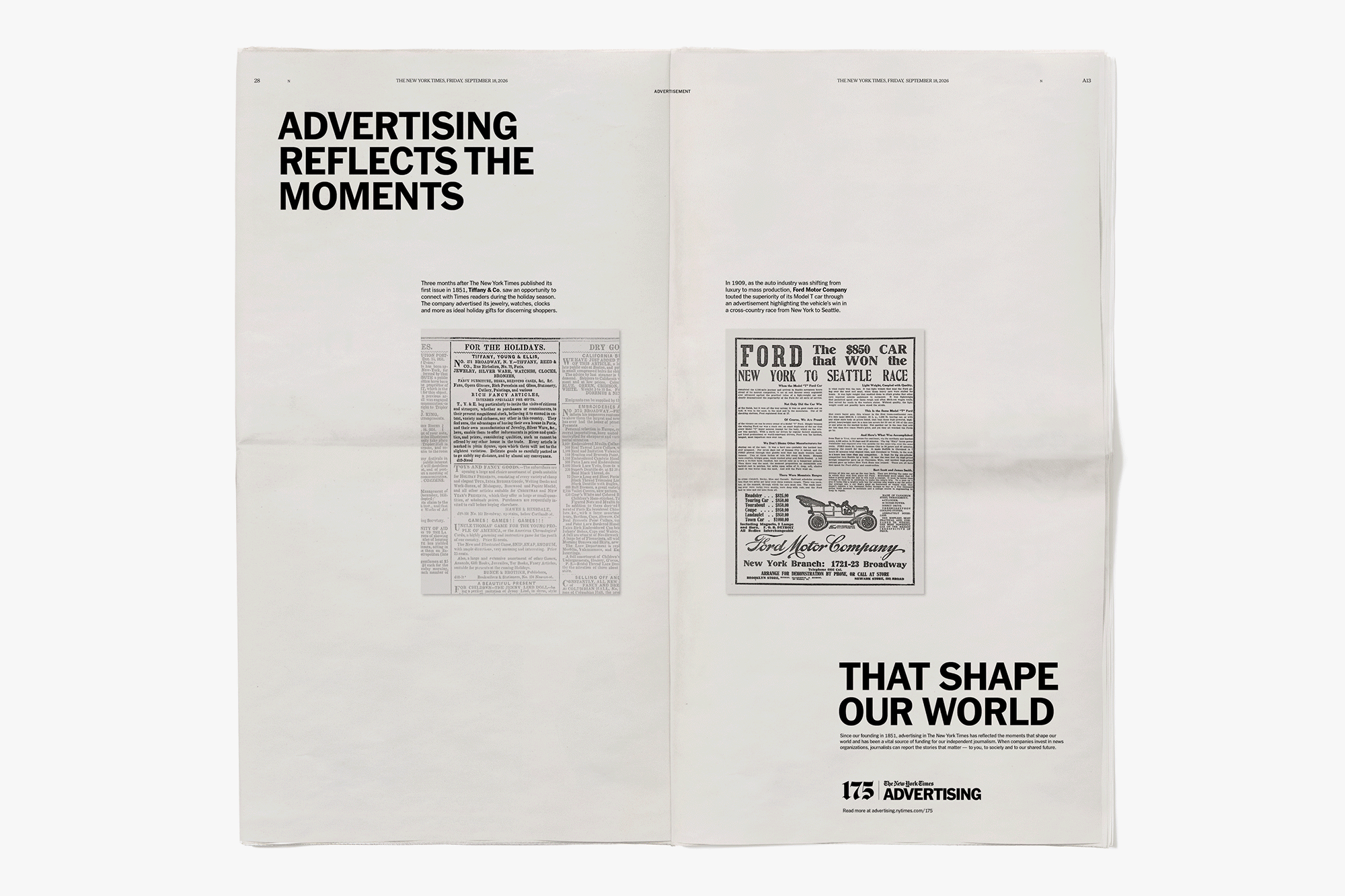The image shows a newspaper spread open to page 175, titled "Advertising Reflects the Moments That Shape Our World". The left page features a black and white advertisement for "Toys & Dolls" with a headline "Toys & Dolls Holiday Sale". The right page displays a black and white advertisement for "Ford", with a headline