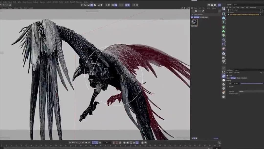 A screenshot of 3D modeling software showing a dark, feathered bird model with red-tinted wings, a sculpting brush circle, and the object panels on the right.