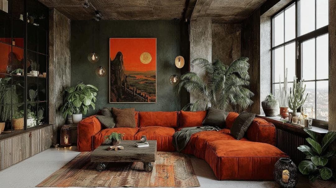 A living room with burnt-orange modular sectional sofa, dark green walls, an orange-and-green landscape painting with a large sun, potted plants, pendant lamps, a concrete ceiling and a large window with a city view. No visible text or brand.