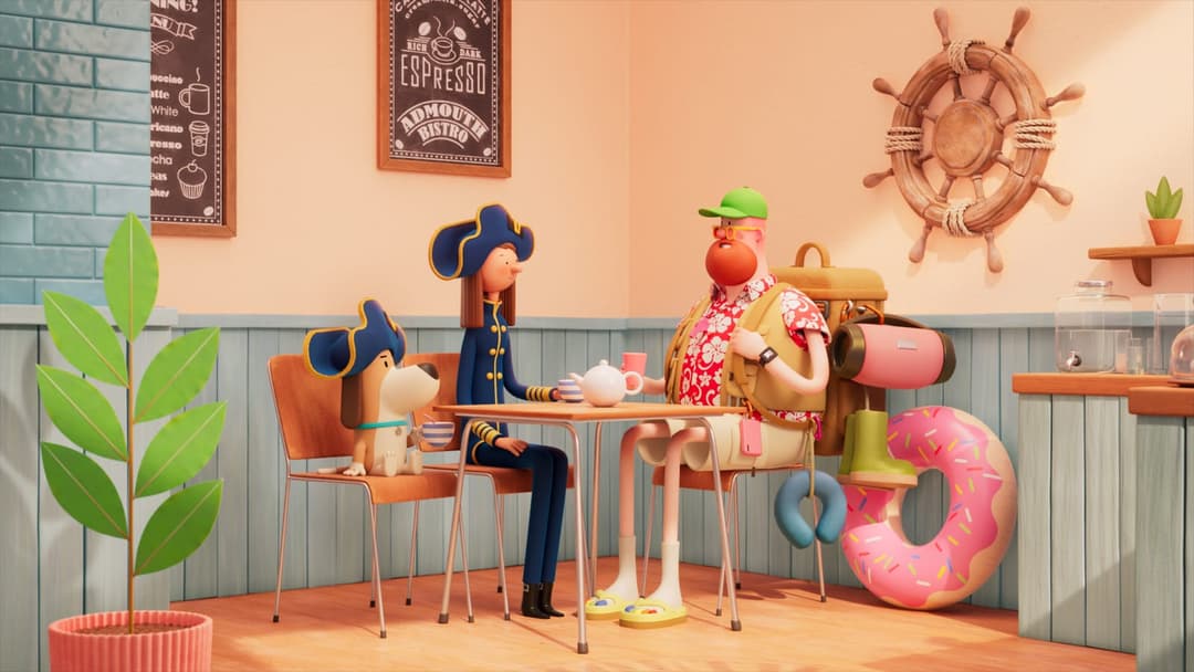 The image depicts a whimsical scene set in a café. A man in a vibrant Hawaiian shirt and a green baseball cap is seated at a table, holding a cup of coffee. A woman in a blue uniform and a pirate hat is seated across from him, holding a cup of tea. A small dog is also seated at the table. The café features a light blue