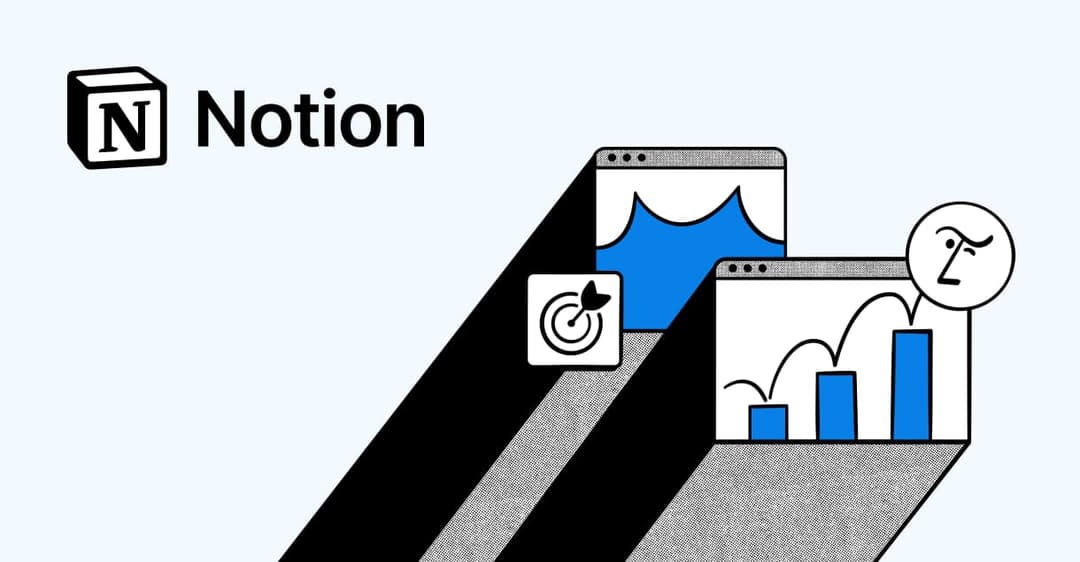 The image presents a vibrant illustration of the Notion app, a popular productivity tool. The central focus is the Notion logo, a black cube with a white "N" in the center, set against a light blue background. The logo is positioned on the left side of the image. To the right, there are two computer screens, one displa