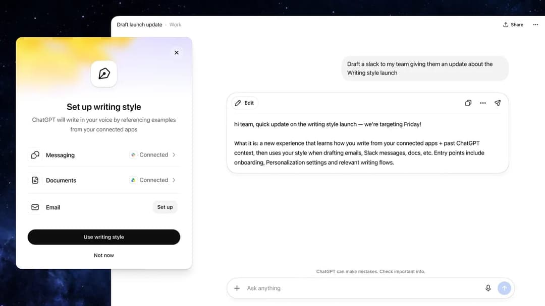 The image shows a screenshot of a chat application interface. The chat interface is primarily white with a gradient background transitioning from white to a light purple/lavender color. On the left side, a chat window is open, displaying a message that reads "Set up writing style". The message is from ChatGPT and is wr