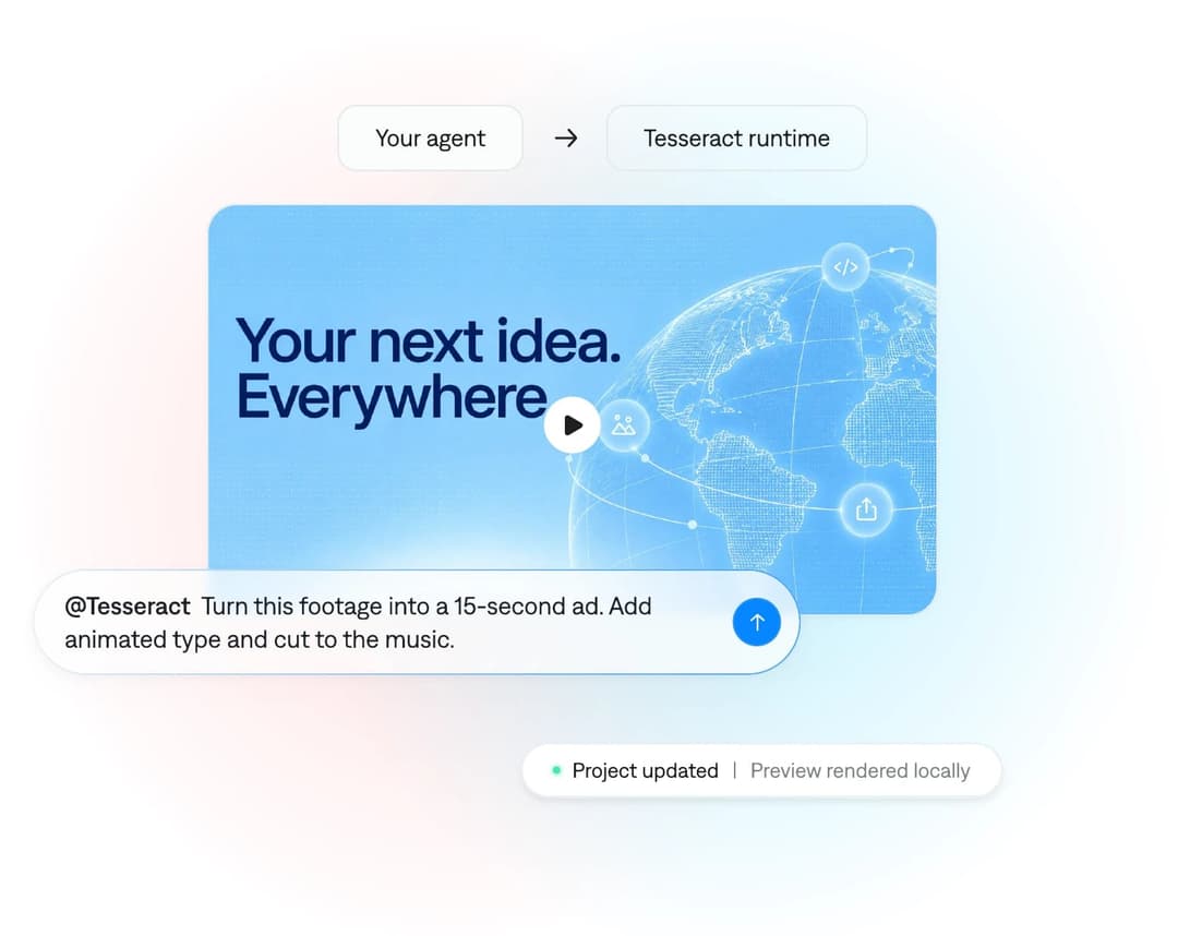 The image presents a screenshot of a Tester app interface. The main element is a blue banner with the text "Your next idea. Everywhere" in white, accompanied by a small white play button. Below the banner, a message in white text instructs users to "Turn this footage into a 15-second ad. Add animated type and cut to th