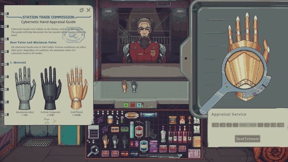 A pixel-art video game screenshot of the "Cybernetic Hand Appraisal Guide" from the Station Trade Commission. The guide lists Aluminum Alloy (+0₡), Carbon Composite (+50₡), and Gold Plated (+200₡) hands, and an appraisal magnifier shows a gold cybernetic hand.
