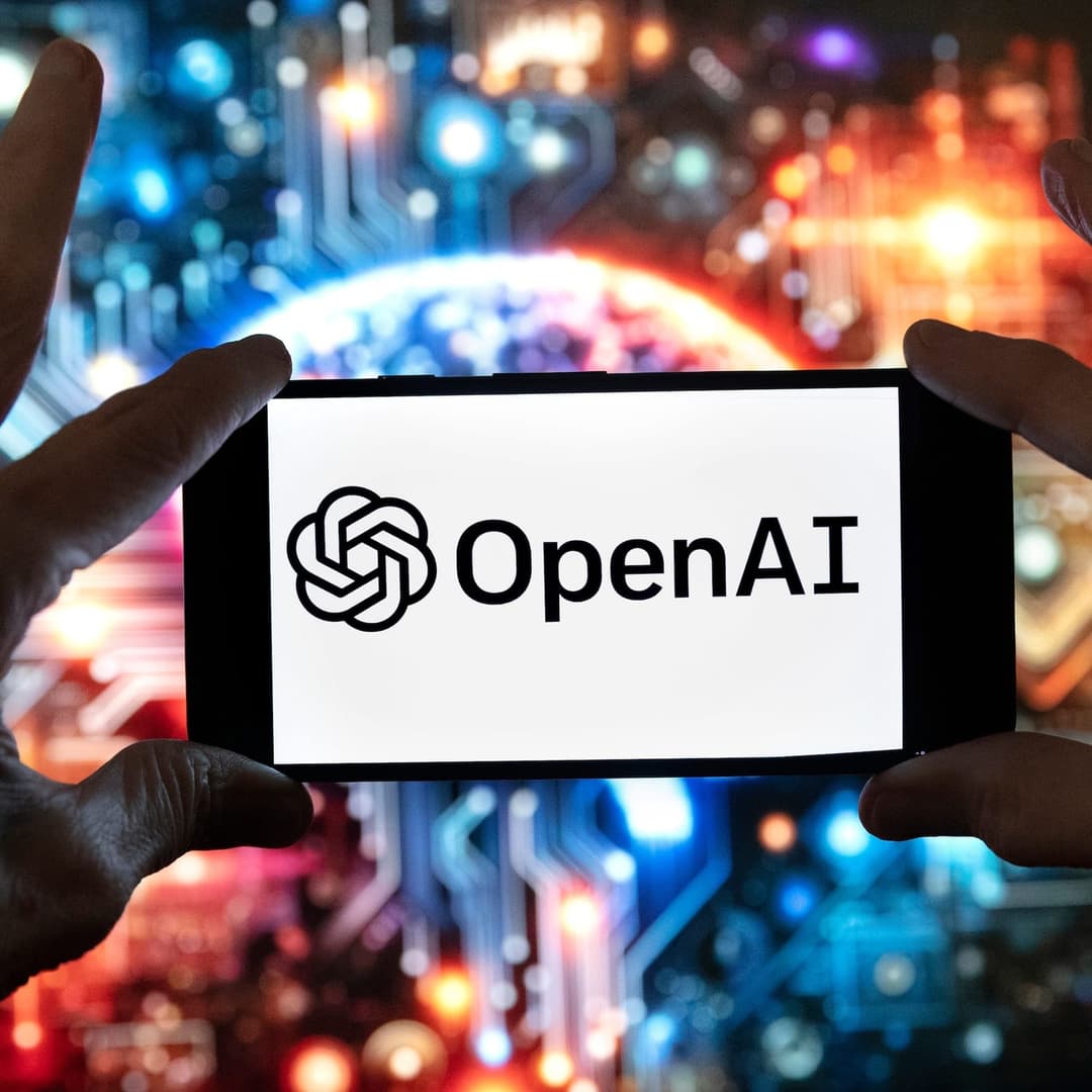 The image shows a pair of hands holding a black smartphone in the foreground. The smartphone's screen displays the logo of "OpenAI", which is a stylized black and white design featuring a knot-like pattern. The background is a blurred image of a circuit board with colorful lights, creating a futuristic and technologica