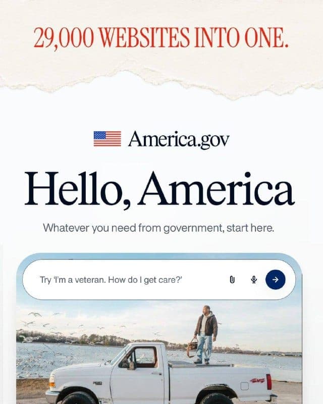 The image is a digital advertisement for America.gov, a website dedicated to providing information and resources to the American public. The website features a clean, white background with a blue header that prominently displays the text "Hello, America" in bold, black letters. Below the header, a blue banner displays