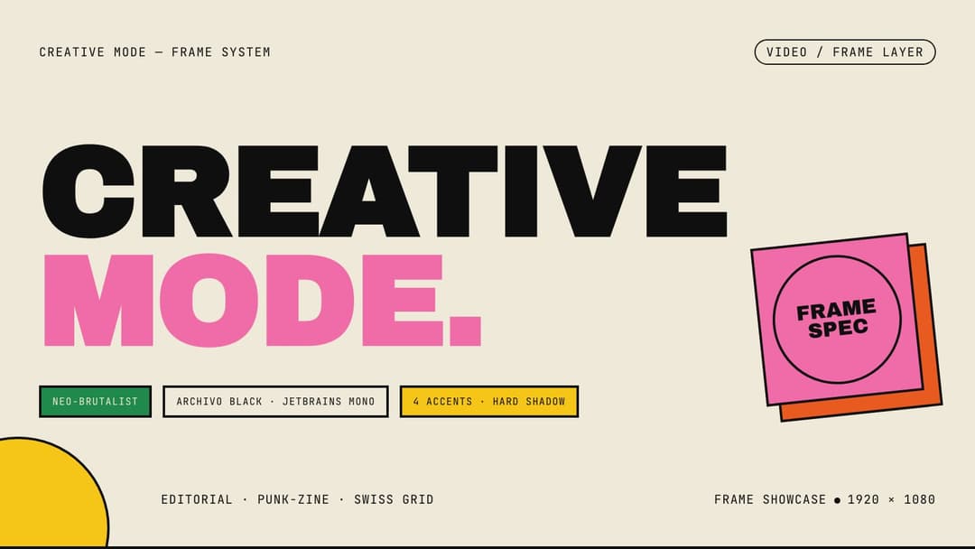 The image showcases a vibrant and modern website design for a creative mode. The background is a soothing beige color, providing a neutral backdrop that allows the colorful elements to stand out. The website is divided into two main sections: "Creative Mode - Frame System" on the left and "Video / Frame Layer" on the r