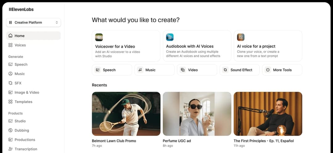 The image shows a screenshot of the Creative Platform interface from IIeNelabs. The interface is primarily white with a dark gray border. The left side of the screen displays the "Home" tab, while the right side shows the "Recents" tab. The "Recents" tab contains three items: "Voice for a Video", "Audiobook with AI Voi