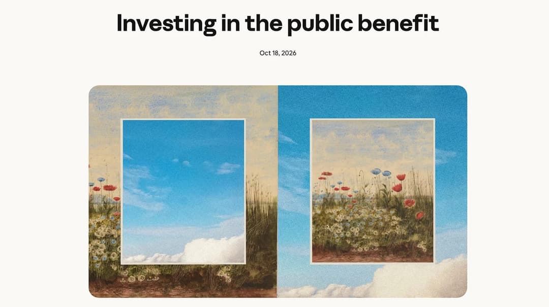 The image presents a digital art piece titled "Investing in the public benefit" and dated October 18, 2026. It is divided into two sections, each featuring a painting of a field with tall grasses and flowers. The left section shows a blue sky with fluffy white clouds, while the right section depicts a field of flowers