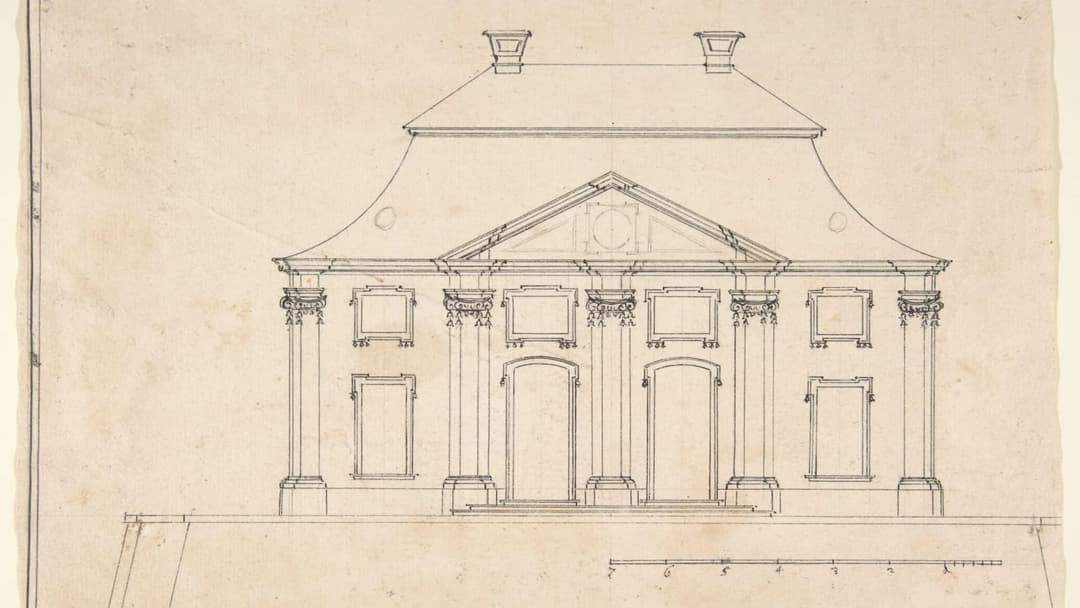 The image presents a detailed architectural drawing of a building, likely a house or mansion, rendered in a black and white line art style. The drawing is set against a beige background, providing a stark contrast to the architectural elements. The building features a triangular pediment with a central circular element