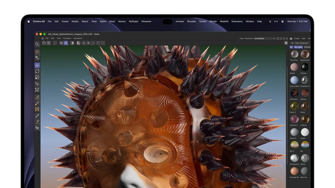 A MacBook Pro screen shows Cinema 4D with a spiky copper-brown 3D head model and the file title 'AR_Head_SpikeHelmet_Copper_V06.c4d'. The menu bar reads 'Cinema 4D' and the time is Wed Apr 1 9:41 AM.