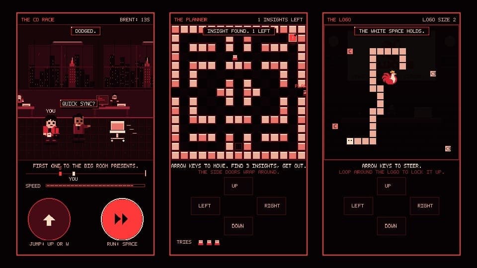 The image presents a vibrant video game scene divided into three distinct sections, each with a unique title and a corresponding color scheme. The first section, titled "The Planner", features a maze-like environment with a red background and white text. The maze is filled with red squares, and the player's character i