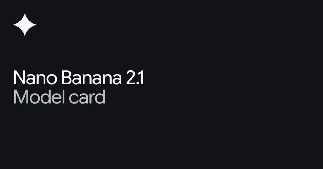 The image presents a stark contrast of black and white. Dominating the center of the image is a white star, its five points evenly spaced. To the left of the star, the text "Nano Banana 2.1 Model card" is written in a sans-serif font, with "Nano Banana 2.1" in white and "Model card" in a light gray or silver color. The