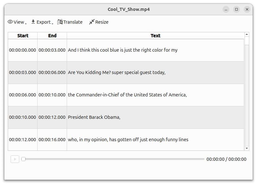 The image shows a screenshot of a text editor window, likely from a video recording application. The window is titled "Cool TV Show.mp4" and displays a list of text entries, each starting with "00:00:00:00" and ending with "00:00:00:00". The text entries include a statement about the color of the cool blue, a question