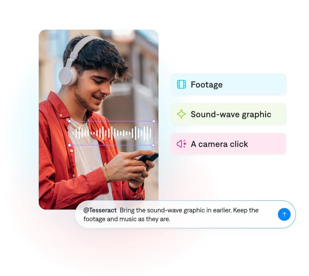 The image shows a young man with dark hair, wearing a red shirt and white headphones, engrossed in his phone. He is standing outdoors in a city setting, with a blurred background that suggests a street or urban environment. The image is overlaid with a video clip, a sound-wave graphic, and a camera click, all of which
