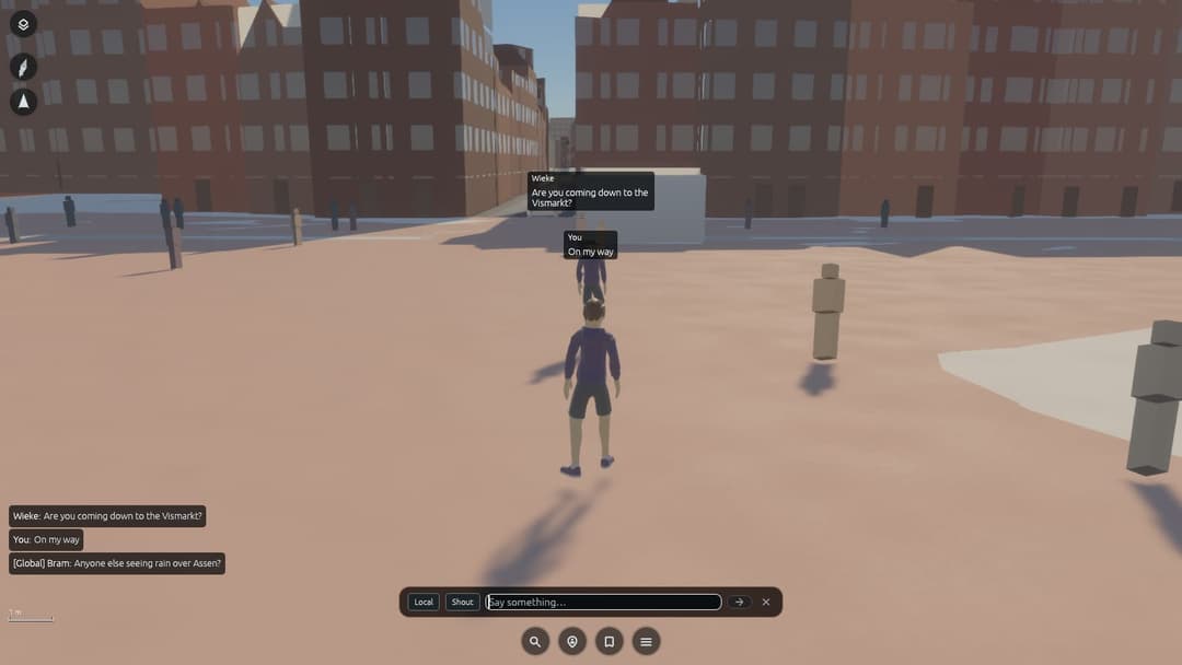 The image depicts a virtual cityscape with a large, light brown/tan building in the background. The perspective is from a low angle, giving the viewer a sense of looking up at the towering structure. In the foreground, a person wearing a purple shirt and blue shorts is walking away from the viewer, while another person