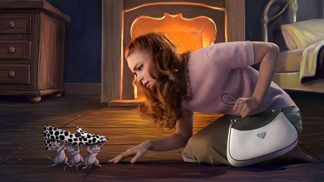 A red-haired woman crawls across a wooden floor toward three cartoon mice, which lift a black-and-white polka-dot clutch, while a fireplace glows behind her. She holds a white Prada shoulder bag with the Prada triangle logo.