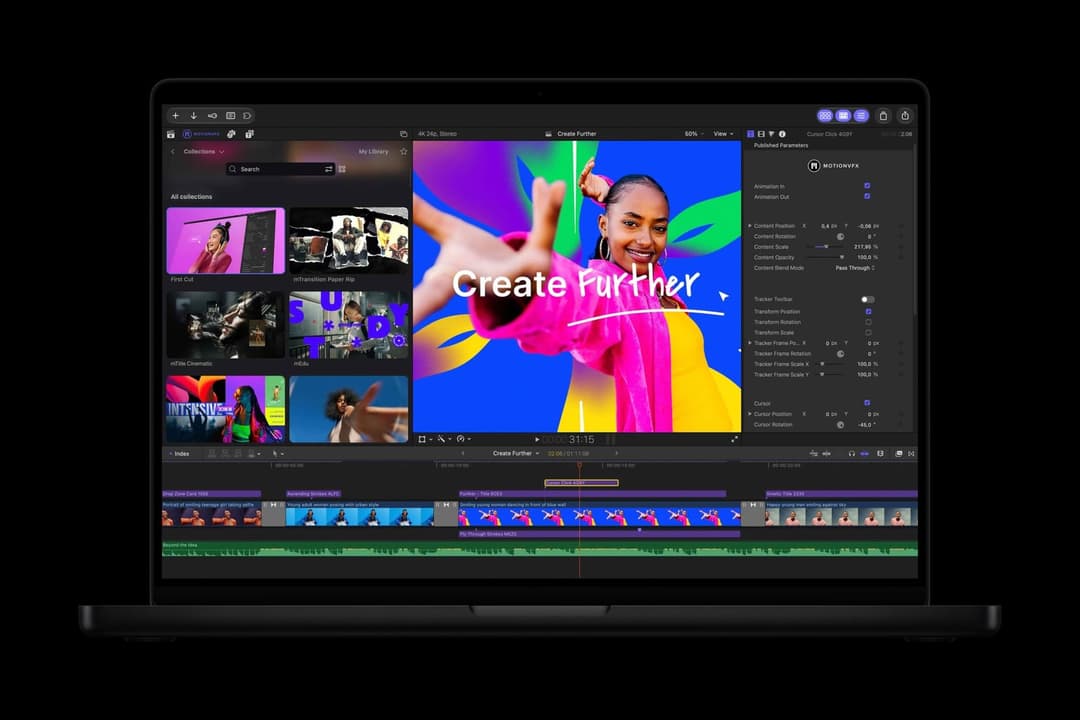 A dark-mode MacBook Pro displays a video editing app (appearing to be Final Cut Pro) with a MotionVFX Published Parameters panel, a preview of a woman in a pink jacket with the title "Create Further", a Collections browser, and a timeline.