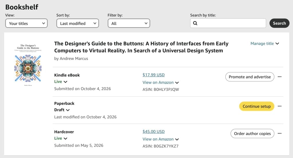 The image shows a book shelf with a book titled "The Designer's Guide to the Buttons: A History of Interfaces from Early Computers to Virtual Reality, In Search of a Universal Design System" by Andrew Marcus. The book is available in Kindle eBooks, Paperback, and Hardcover formats. The Kindle edition is listed as a "Li