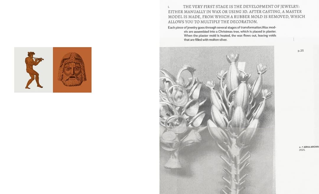 The image presents a page from a book titled "Jewelry: The Art of Transformation" by Arha Archive, published in 2025. The page is divided into two sections. The left section features a sepia-toned image of a man playing a flute, with a text box below it containing the title of the book. The right section contains a bla